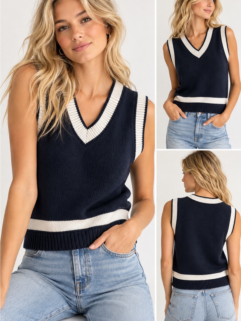 Brandy Melville Navy Sweater Vest with White Trim